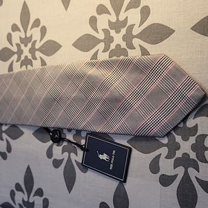 New Polo by Ralph Lauren Silk Tie Black and White Checks with Pink stripe